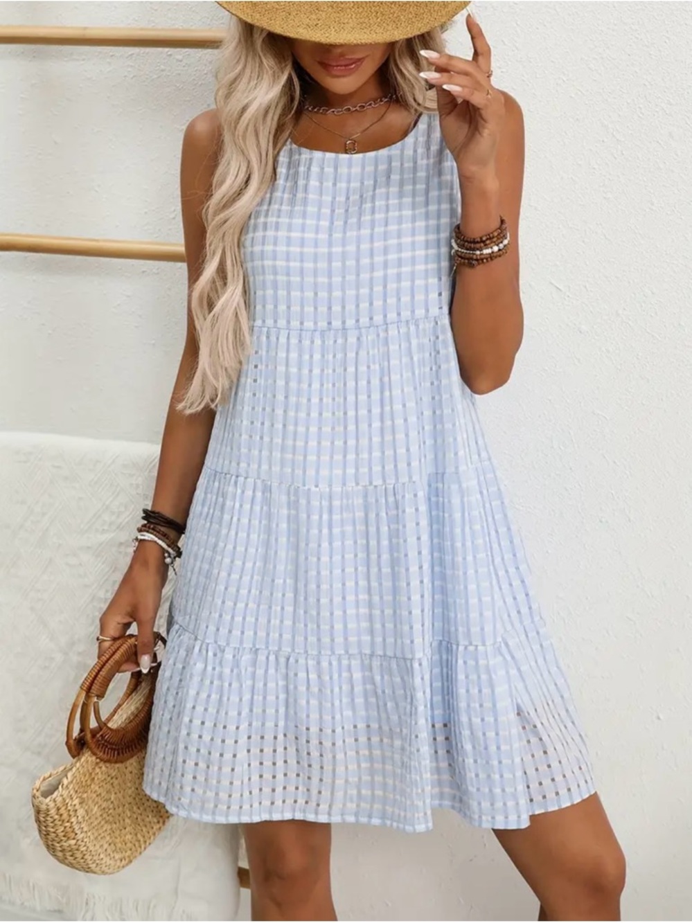 Sleeveless Light Blue Gingham Tiered Sundress